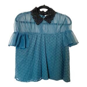 Tularosa Teal Textured Blouse Size XS Aritzia Dark Academia Sheer Tulle Lace